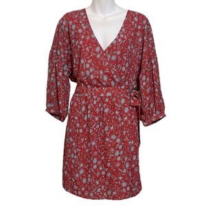 Allison Joy Evereve Floral V-neck Red Grey Puff Sleeve Wrap Tie Mini Dress M